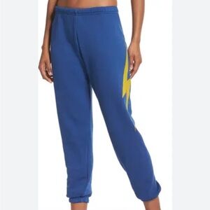 Aviator Nation Bolt Sweatpants Hand Sewn Blue Cinched Ankle Trendy Comfy Sz L
